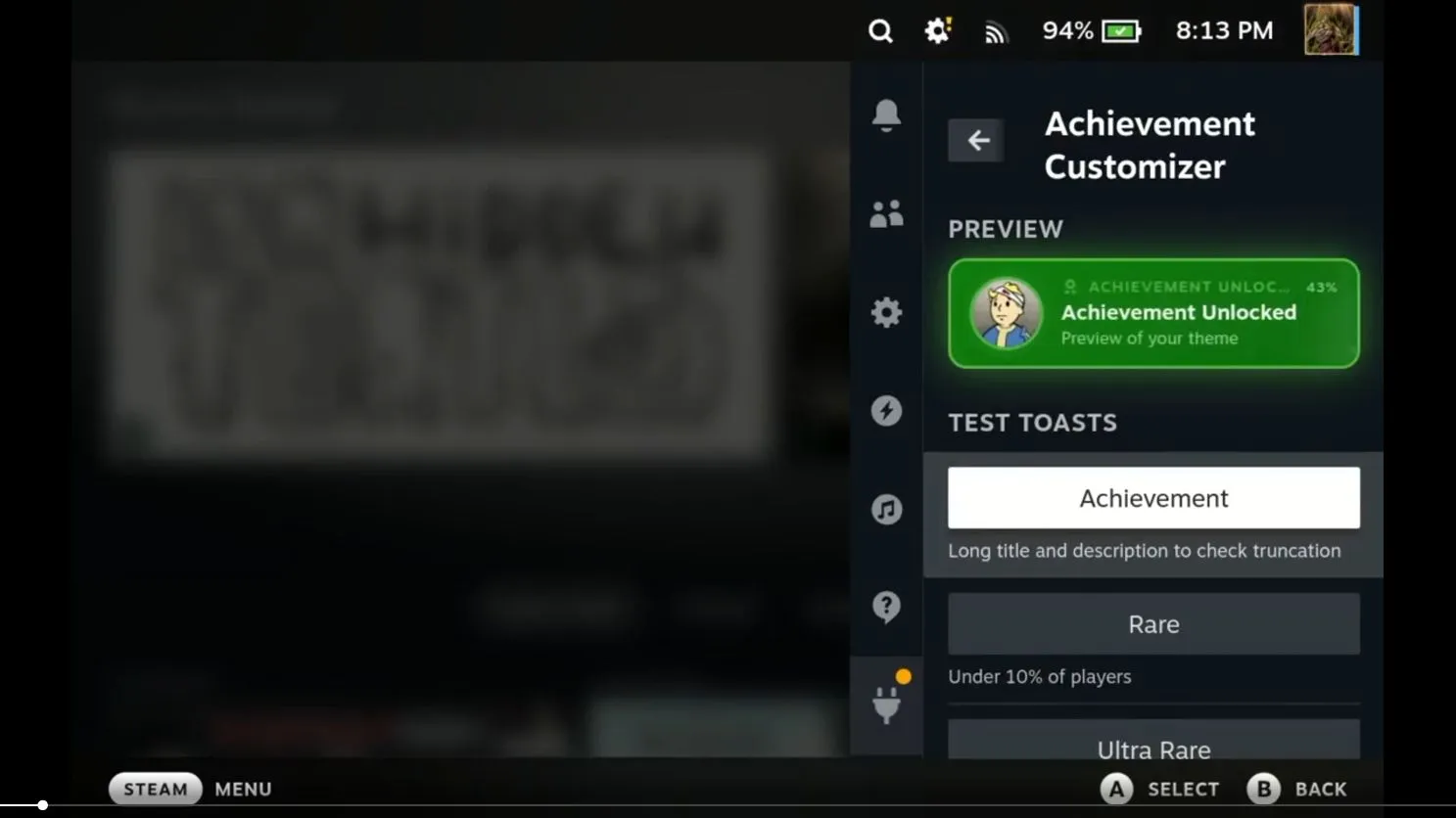 Steam Deck achievement pop-ups: налаштування стилю